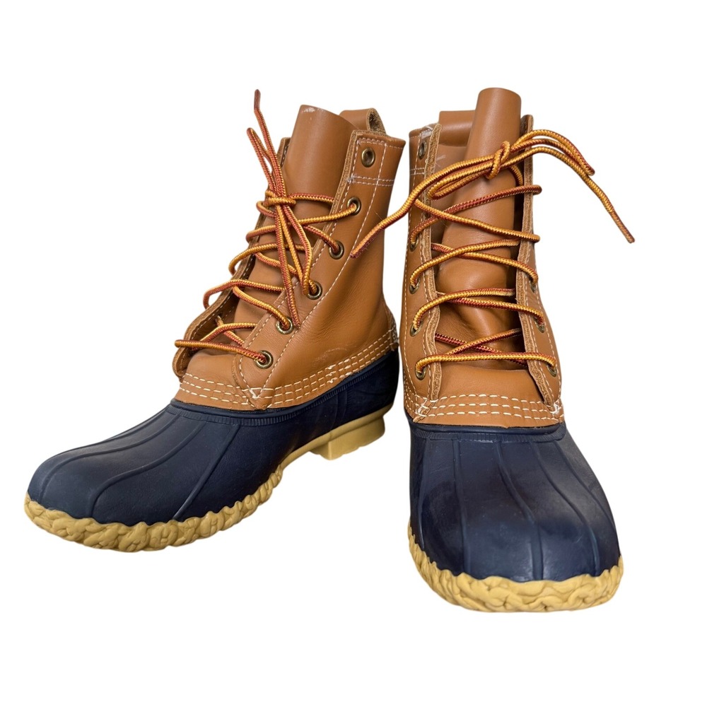 LL Bean Boots Tan Navy Blue Leather Rubber Waterproof Duck Boots 6M Narrow USA